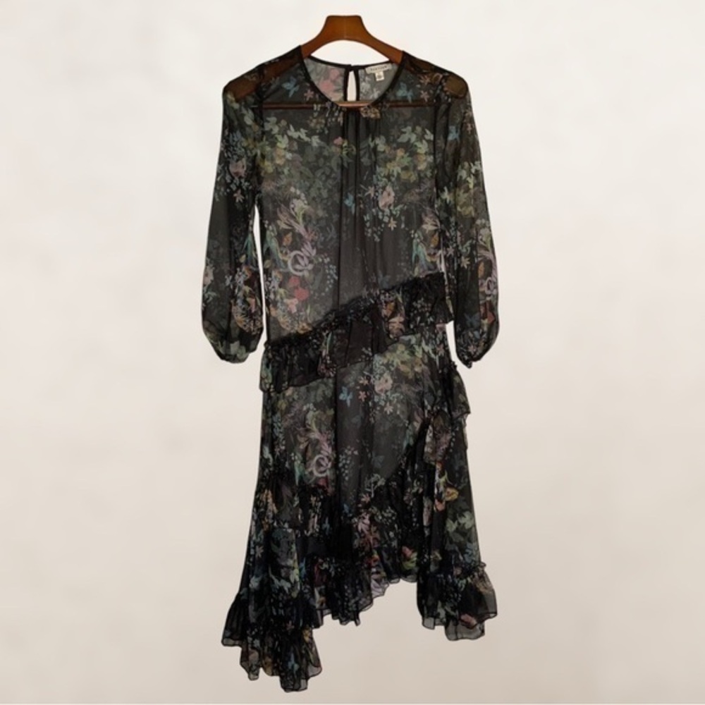 Stellah asymmetric ruffle sheer black floral long sleeve midi dress S